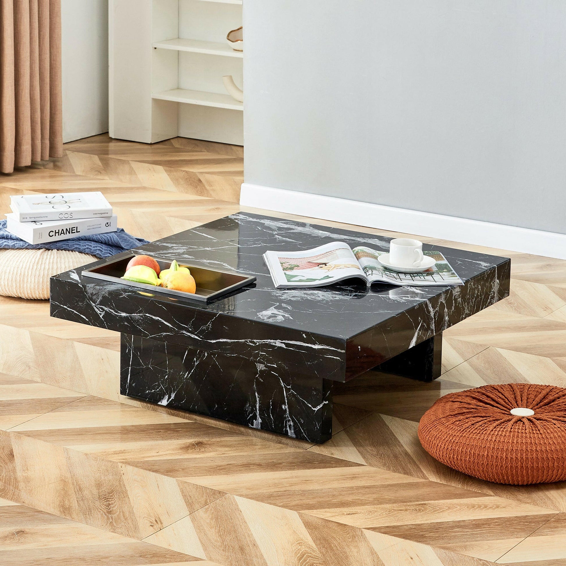 A modern and practical coffee table made of MDF material with black patterns