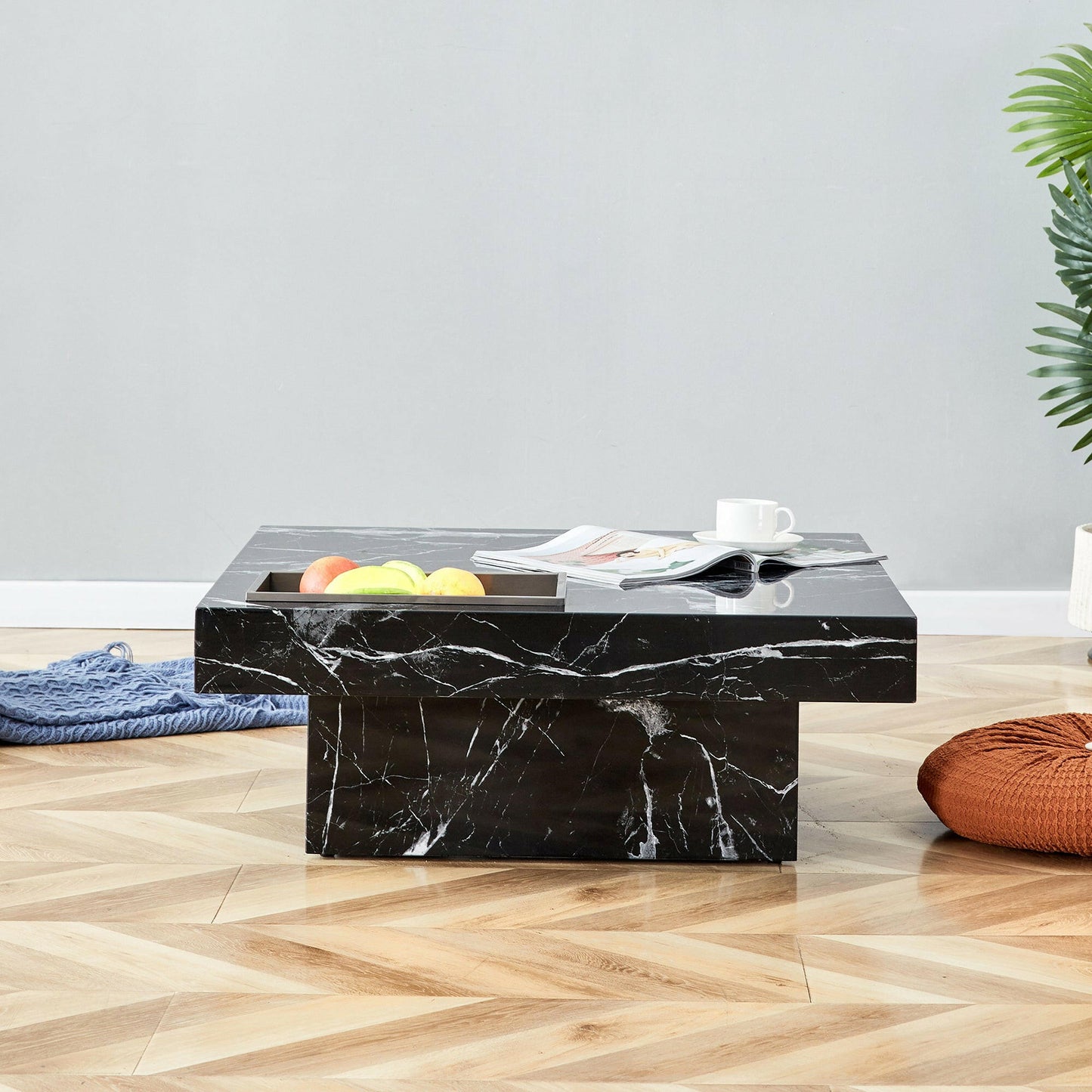 A modern and practical coffee table made of MDF material with black patterns