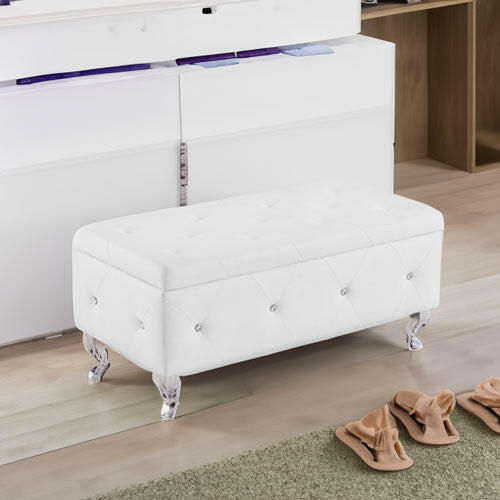 Storage Ottoman Bench Bedroom End Bench PU Leather Upholstered Storage Bench with Button White
